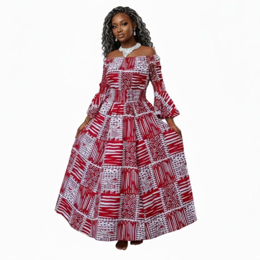 African Print Maxi Dress - Red and White Geometric Ankara Flare Gown