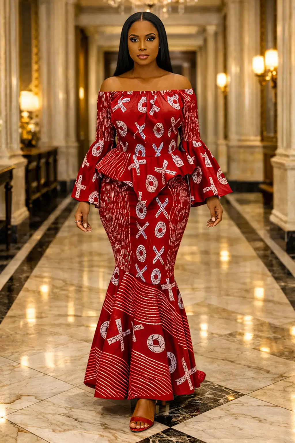 Ankara Print Bardot Peplum Top and Mermaid Maxi Skirt Two-Piece Set