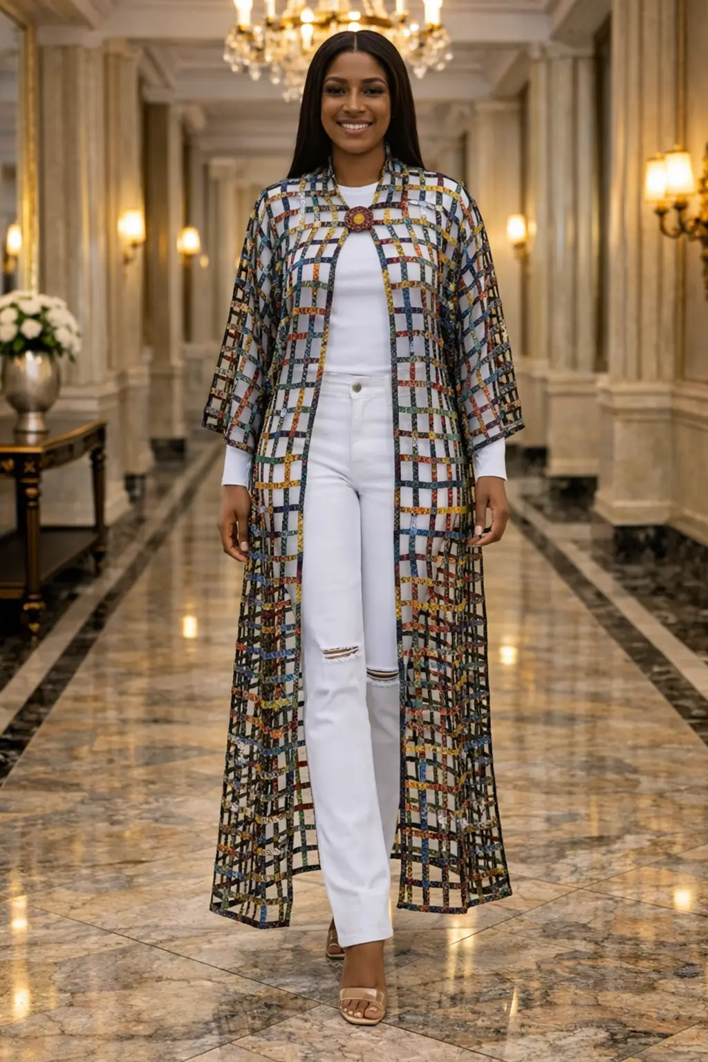 Multi-Colored Checkered Mesh Longline Kimono Cardigan 1 Multi-Colored Checkered Mesh Longline Kimono Cardigan