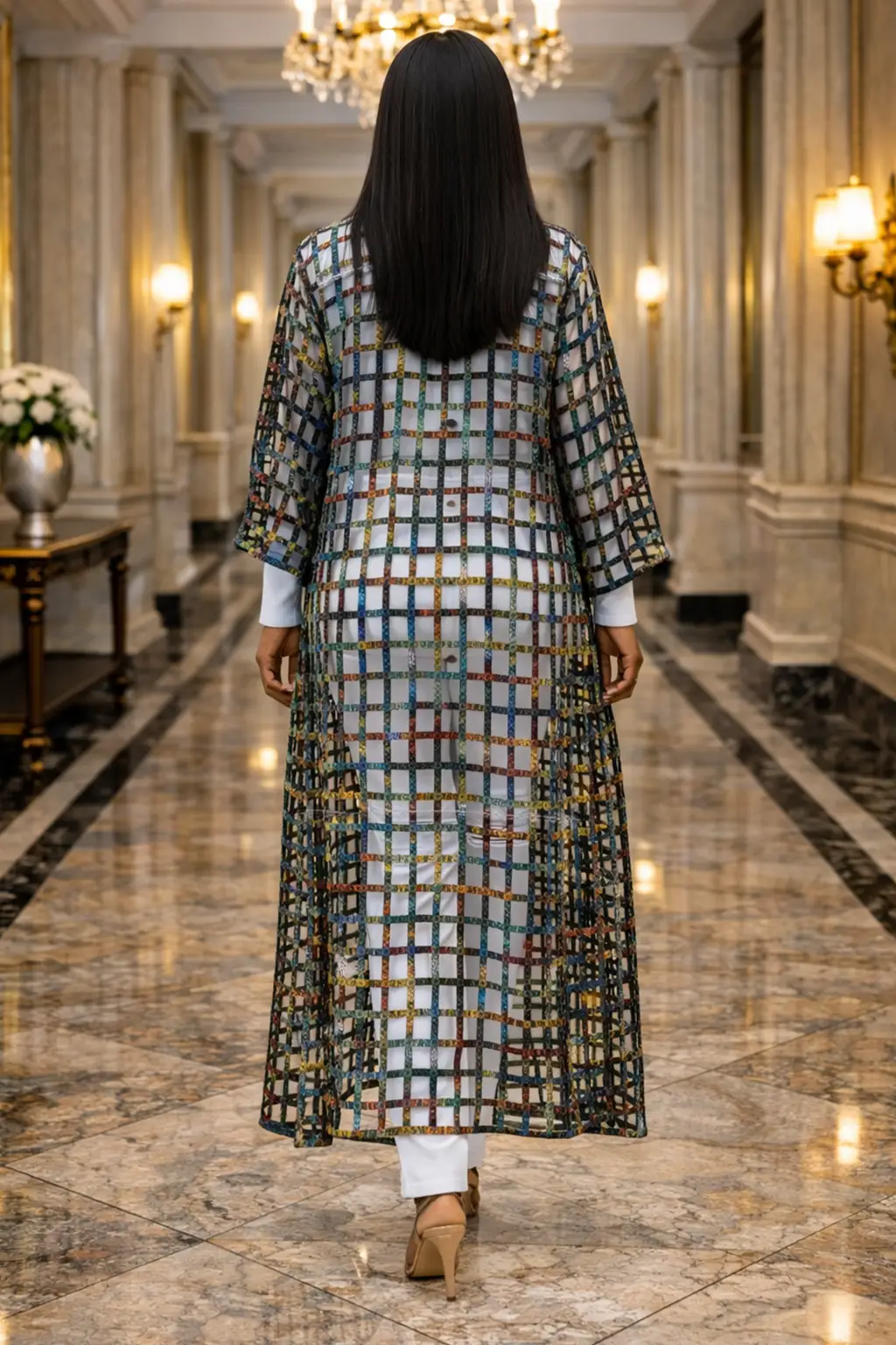 Multi-Colored Checkered Mesh Longline Kimono Cardigan 2 Multi-Colored Checkered Mesh Longline Kimono Cardigan - Image 2