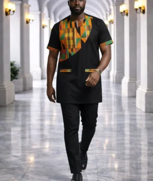 Kente Accent Black African Men's Suit/Dashiki Set