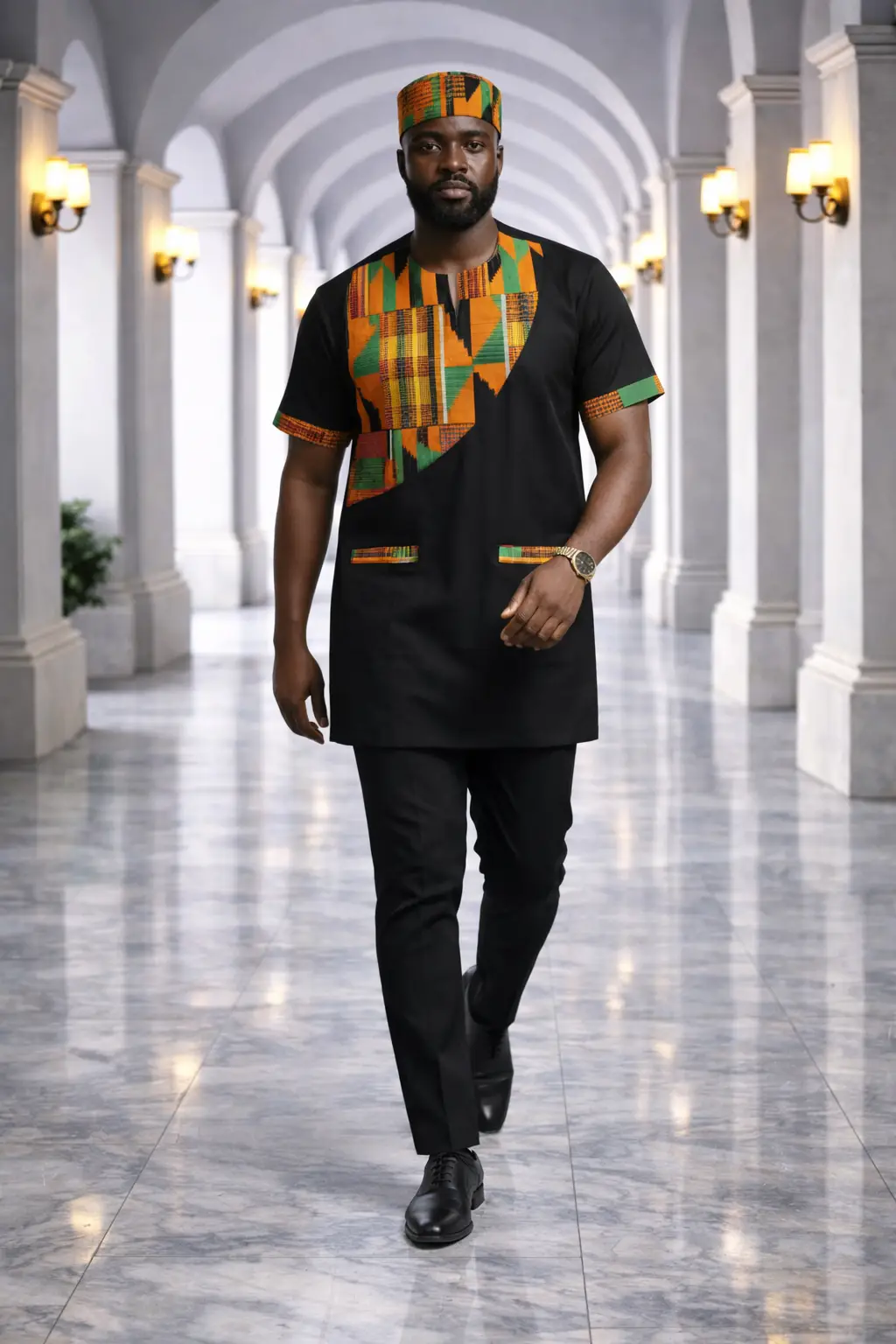 Kente Accent Black African Men's Suit/Dashiki Set