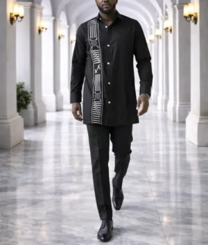 African Print Black Set Long-Sleeve Shirt with Geometric White Pattern Panel & Trouser