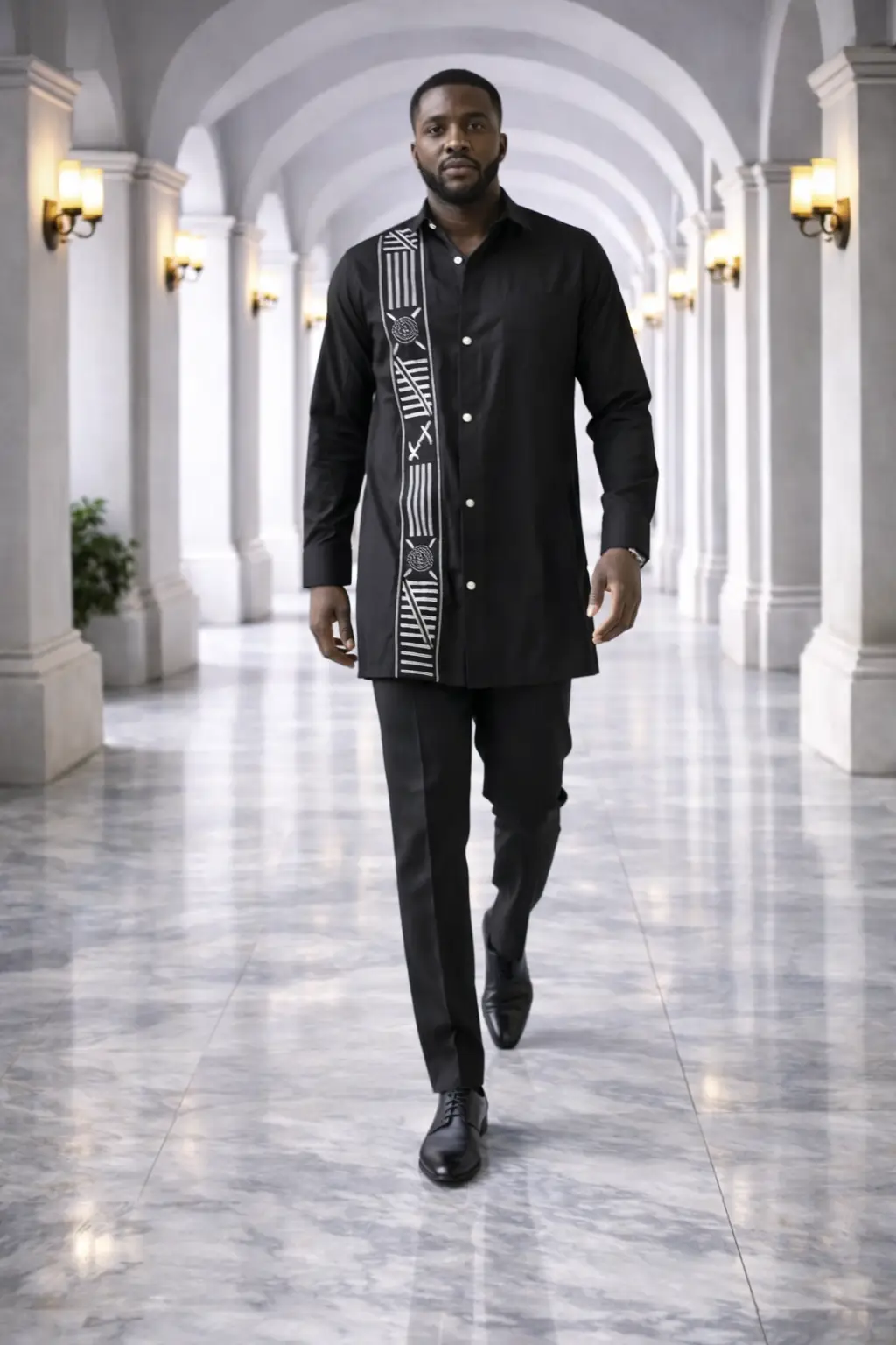 African Print Black Set Long-Sleeve Shirt with Geometric White Pattern Panel & Trouser
