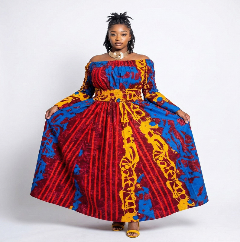 African Ankara Wax Print Off-Shoulder Maxi Dress