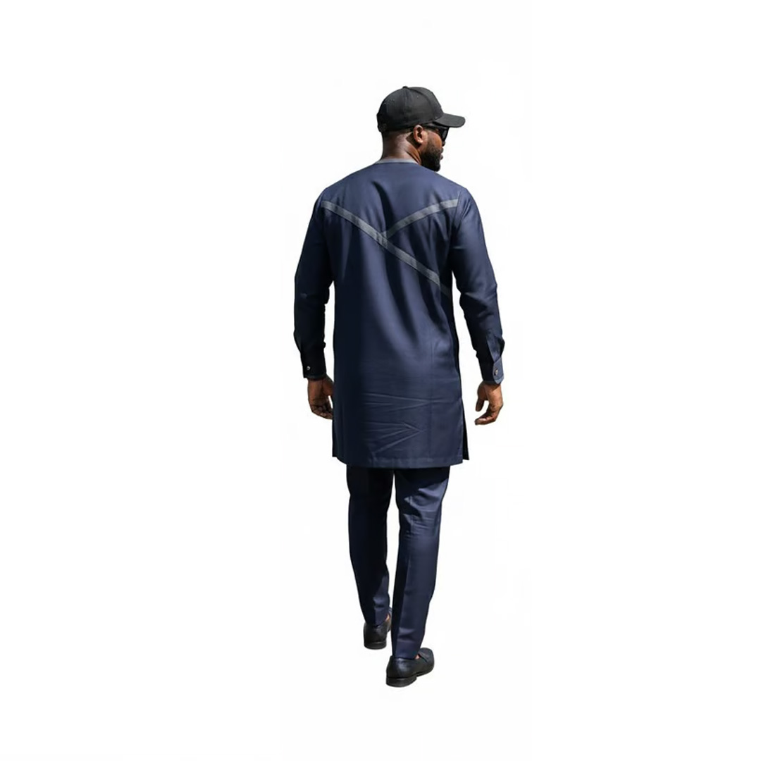 Men’s Navy Blue African Senator Suit – Embroidered Long-Sleeve Kaftan & Trousers Set - Image 2