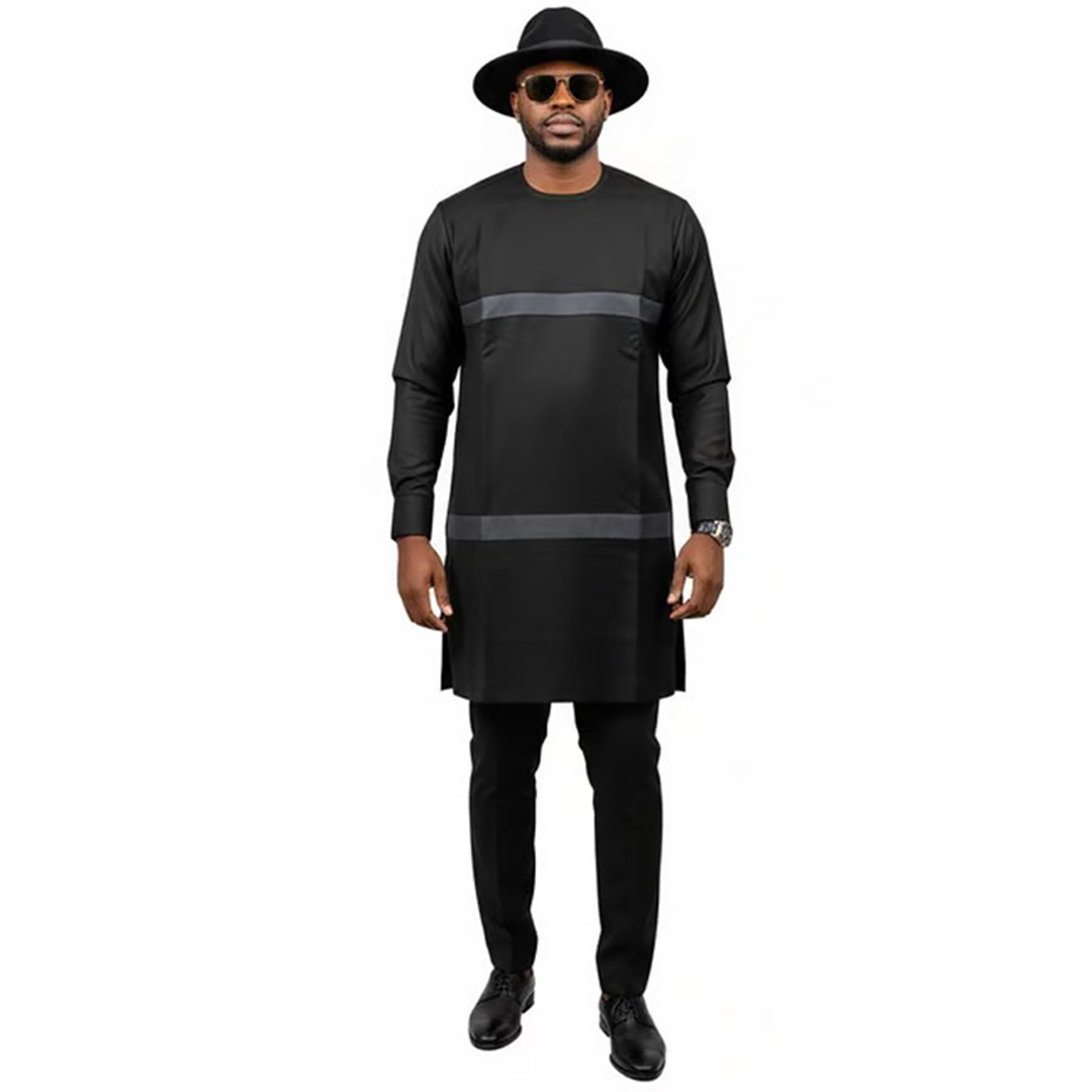 Men’s Modern Black Senator Wear – Two-Tone Long Sleeve Kaftan Set