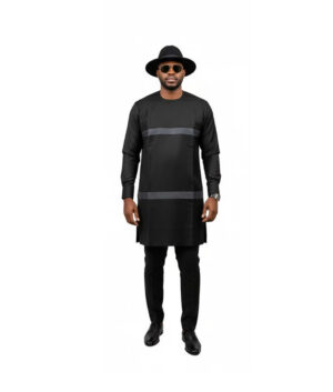 Men’s Modern Black Senator Wear – Two-Tone Long Sleeve Kaftan Set