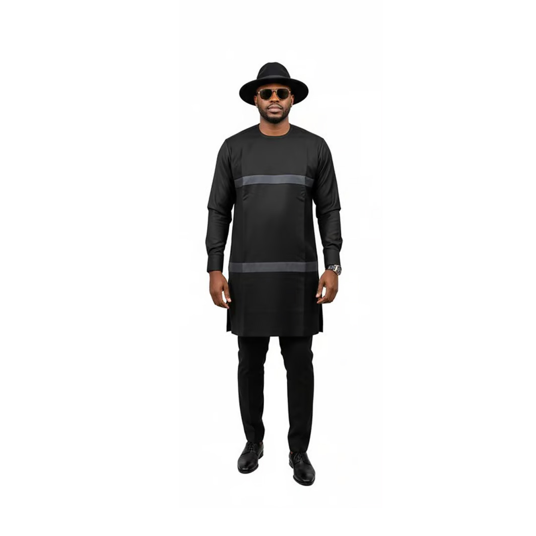 Men’s Modern Black Senator Wear – Two-Tone Long Sleeve Kaftan Set