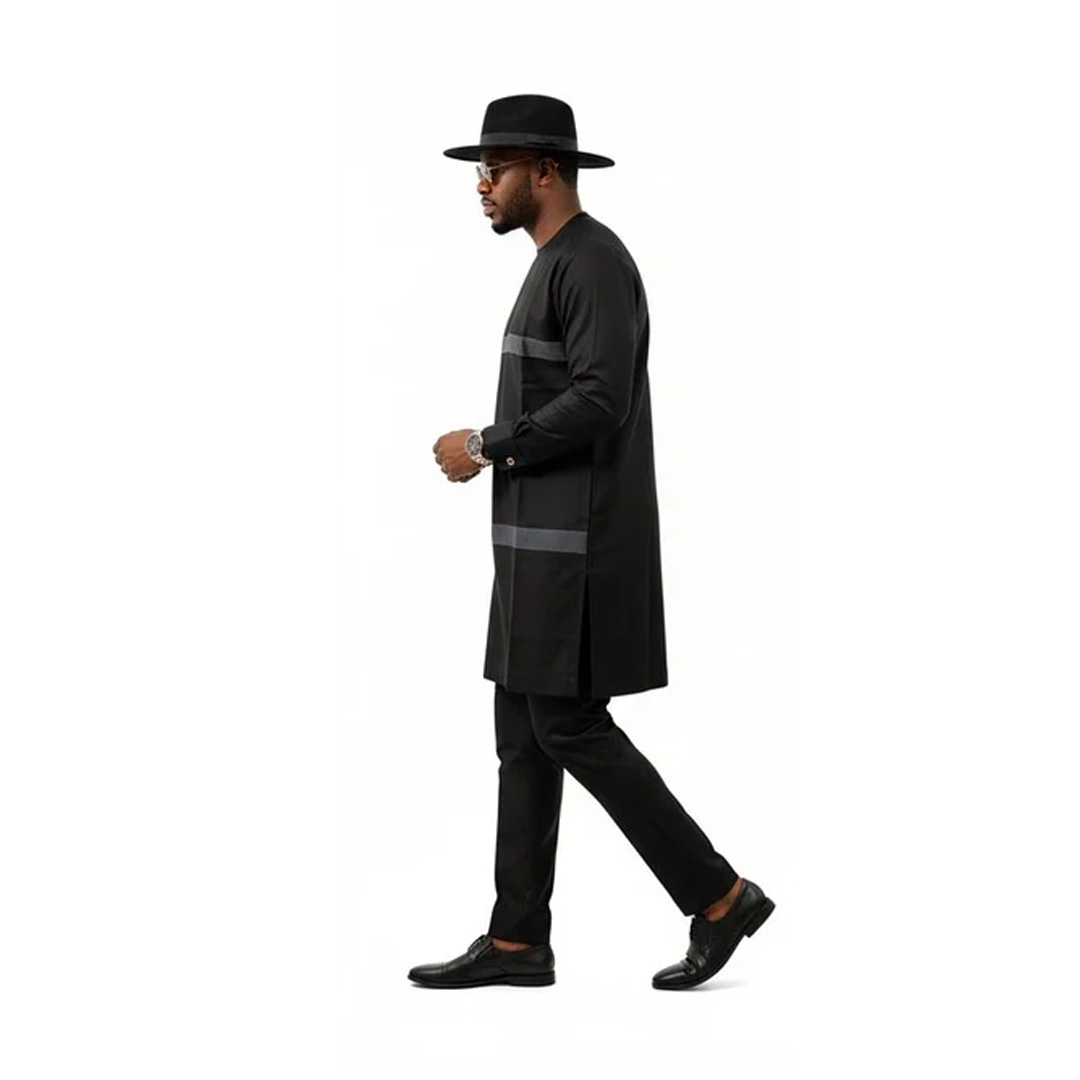Men’s Modern Black Senator Wear – Two-Tone Long Sleeve Kaftan Set