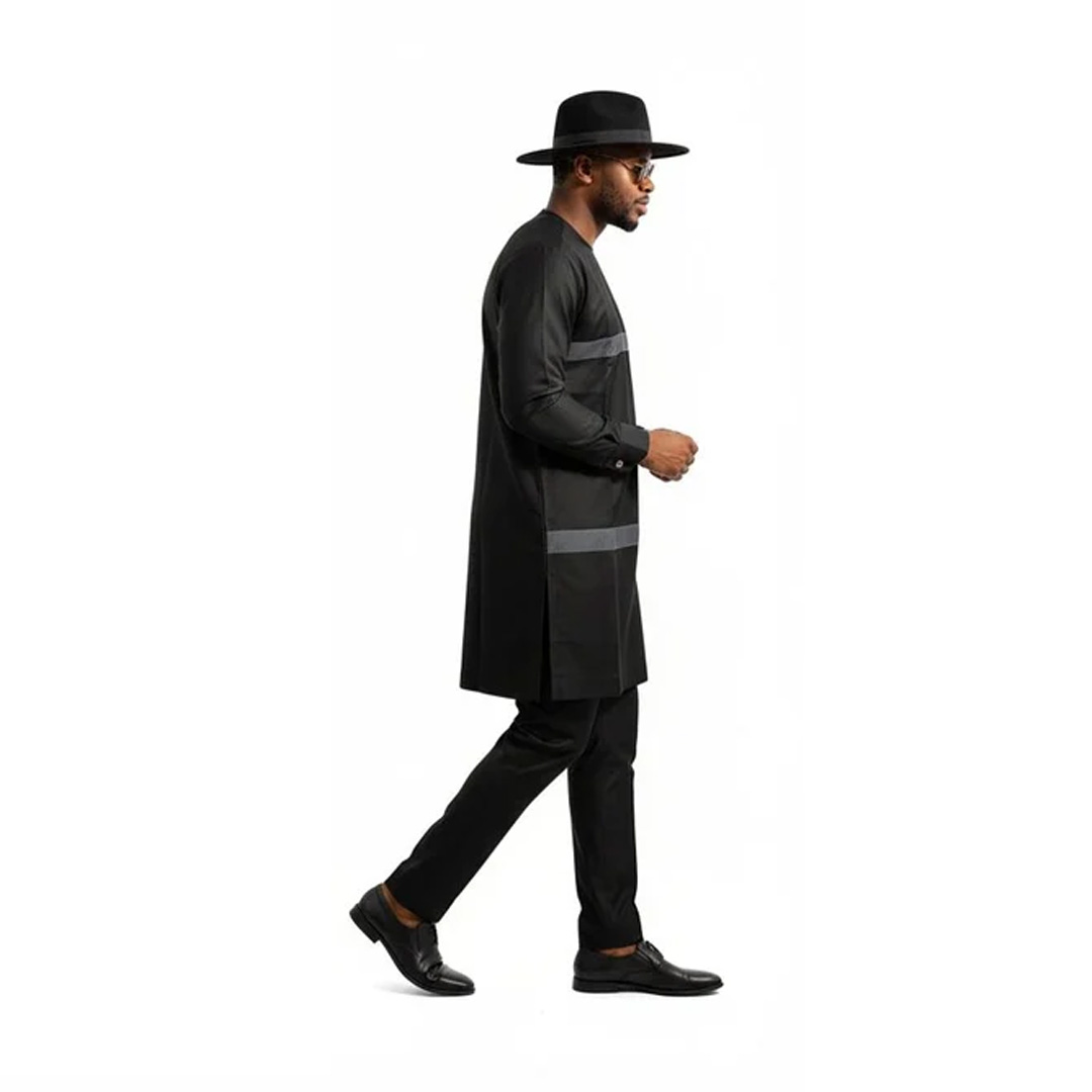 Men’s Modern Black Senator Wear – Two-Tone Long Sleeve Kaftan Set