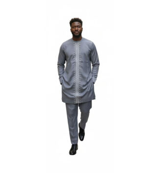 Men’s Slate Grey African Kaftan Suit – Slim Fit Two-Piece Tunic and Trouser