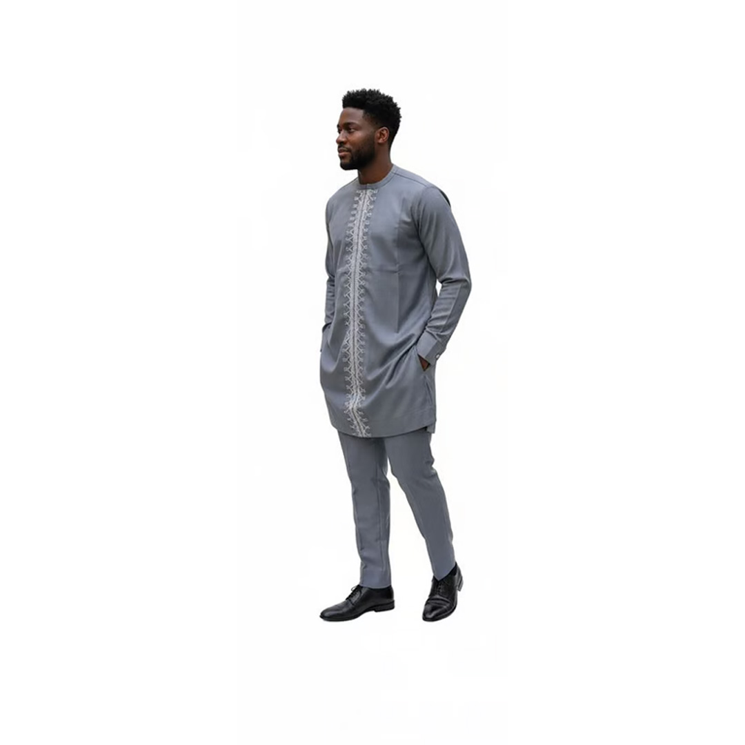 Men’s Slate Grey African Kaftan Suit – Slim Fit Two-Piece Tunic and Trouser - Image 4