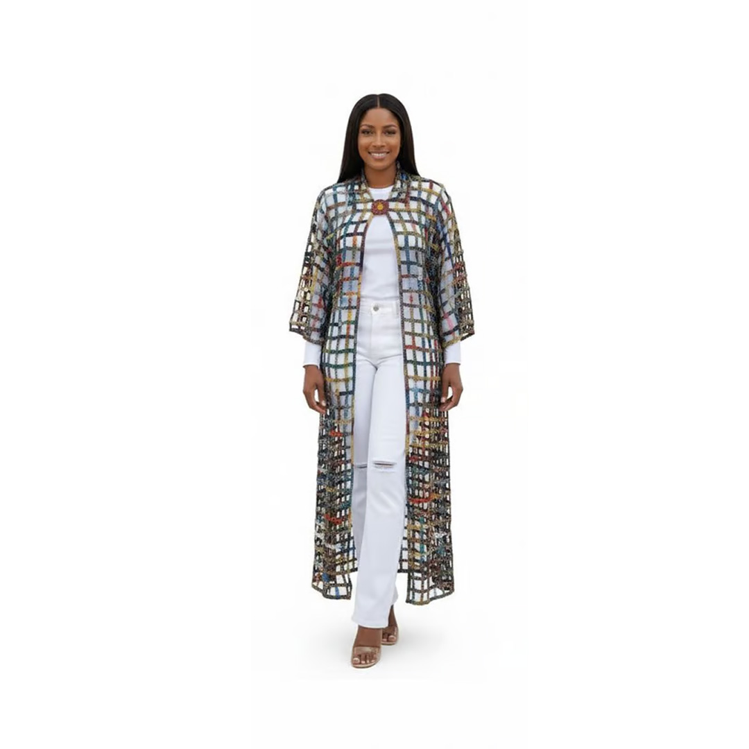 Multi-Colored Checkered Mesh Longline Kimono Cardigan