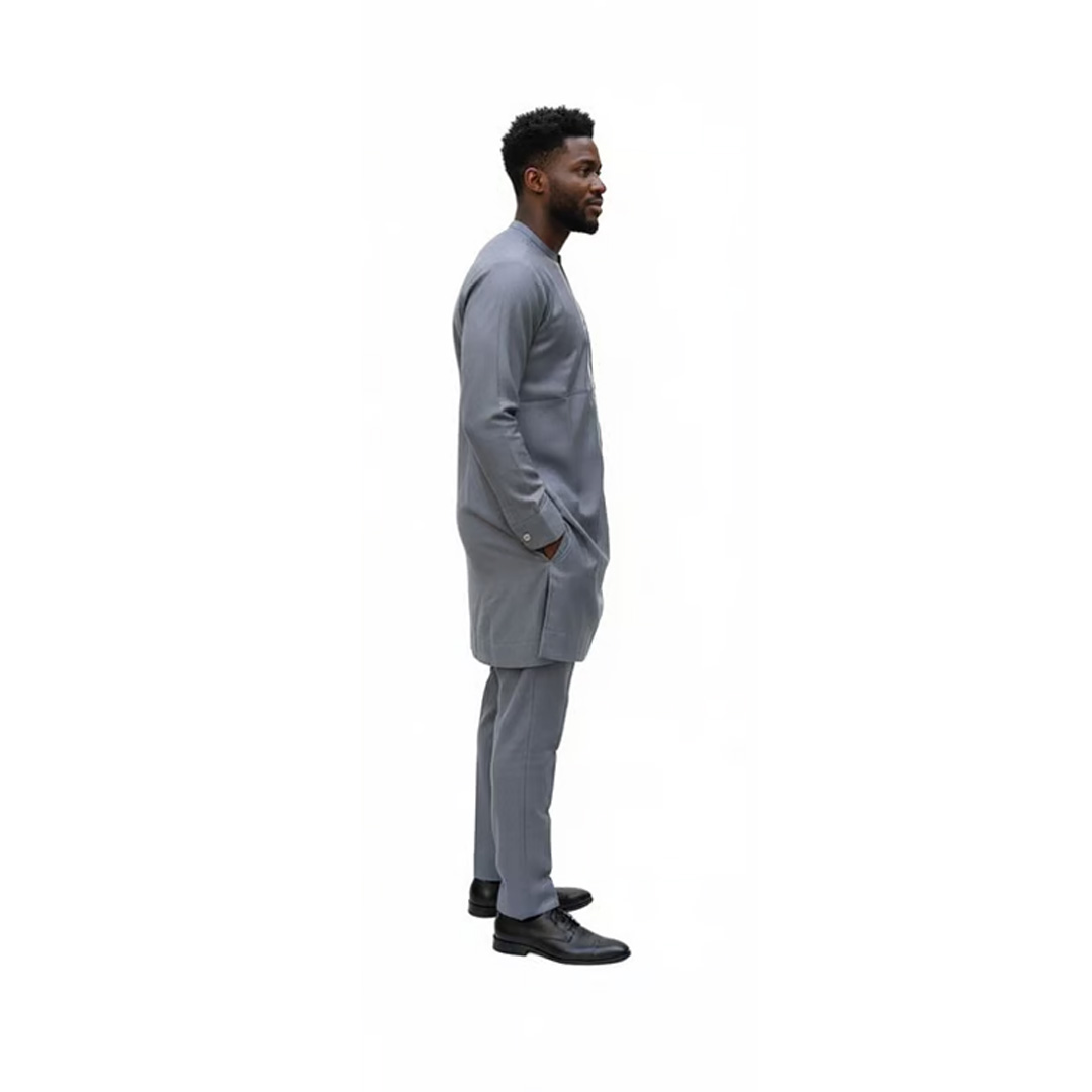 Men’s Slate Grey African Kaftan Suit – Slim Fit Two-Piece Tunic and Trouser - Image 2