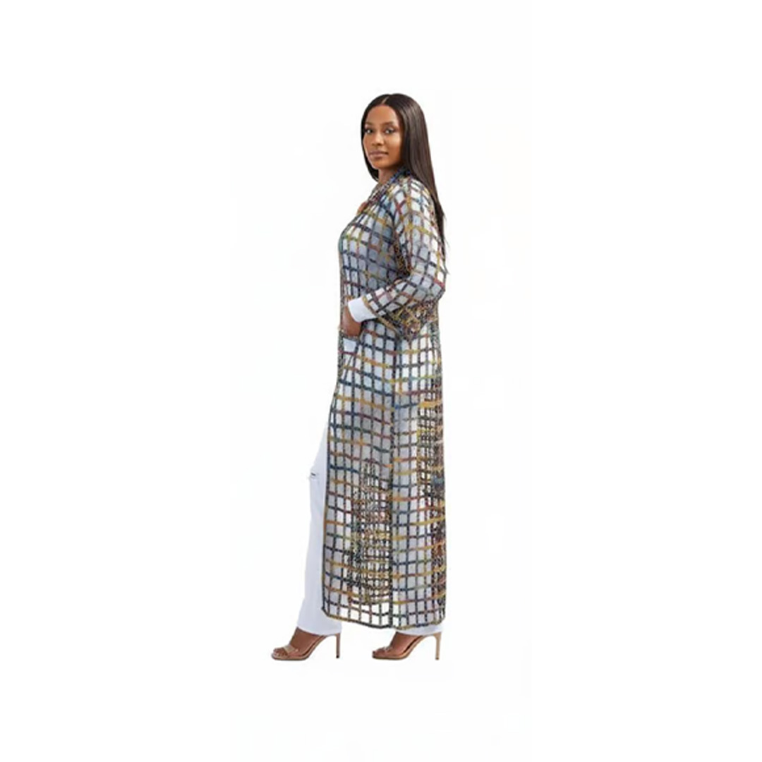 Multi-Colored Checkered Mesh Longline Kimono Cardigan