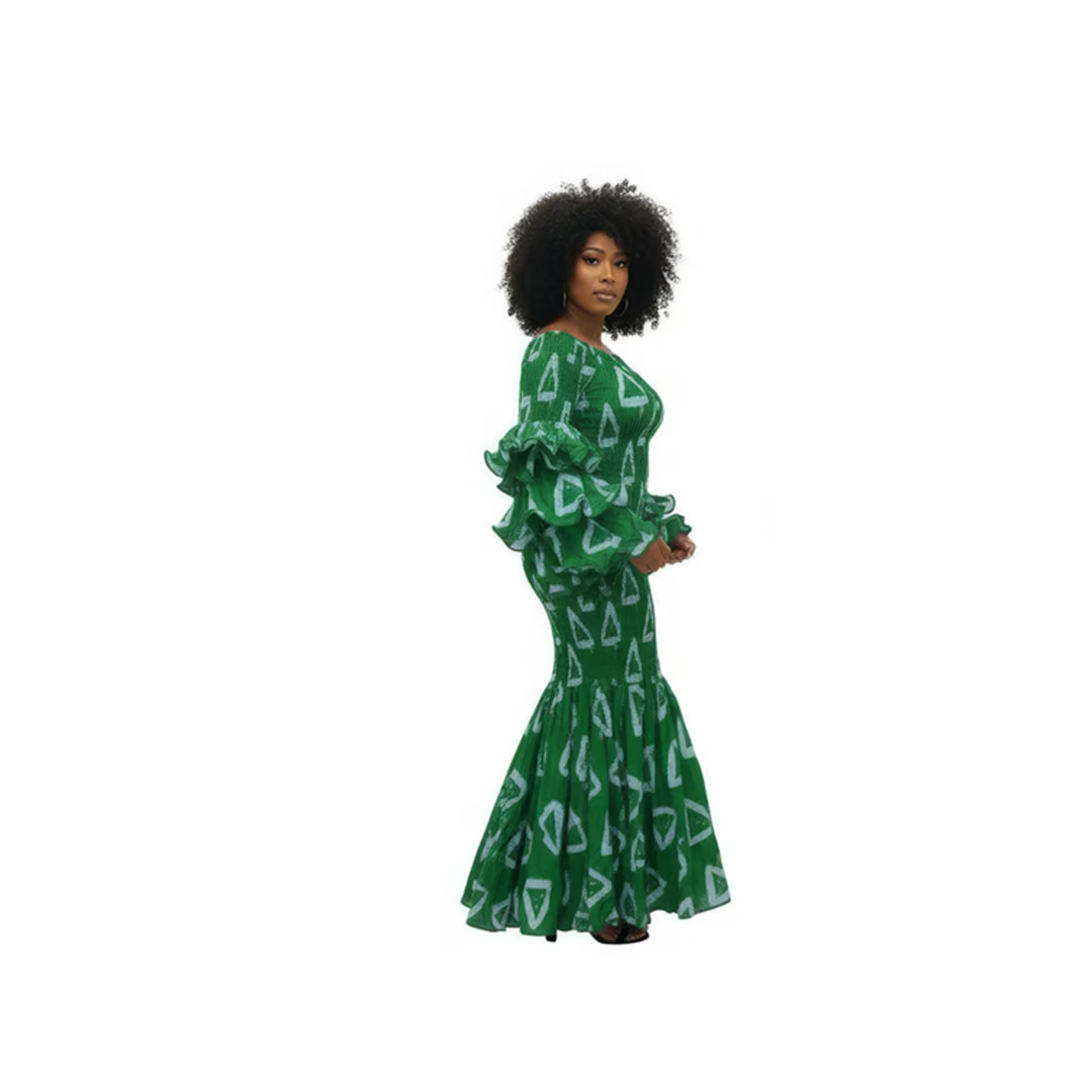 Emerald Green Geometric Print Maxi Dress with Tiered Bell Sleeves