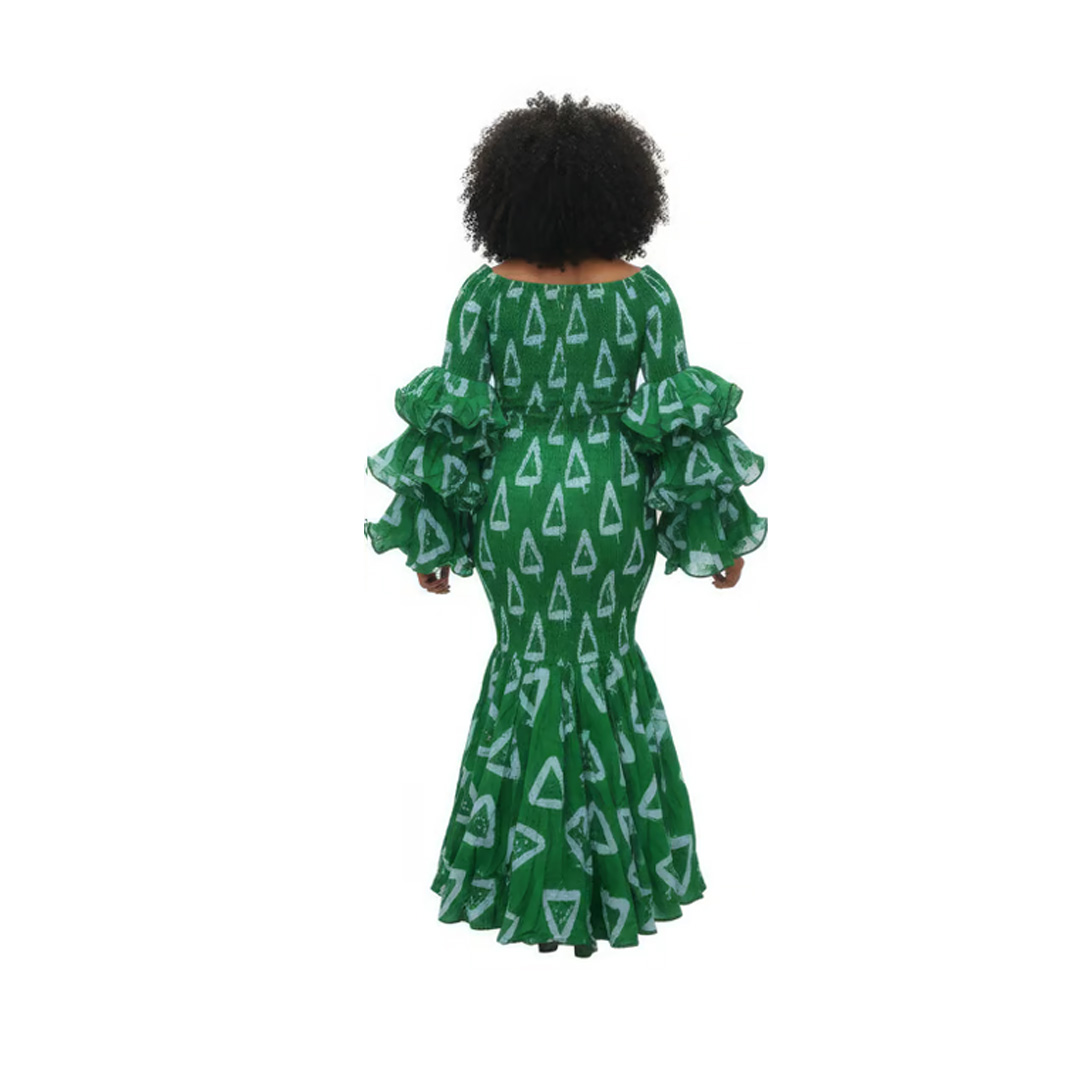 Emerald Green Geometric Print Maxi Dress with Tiered Bell Sleeves