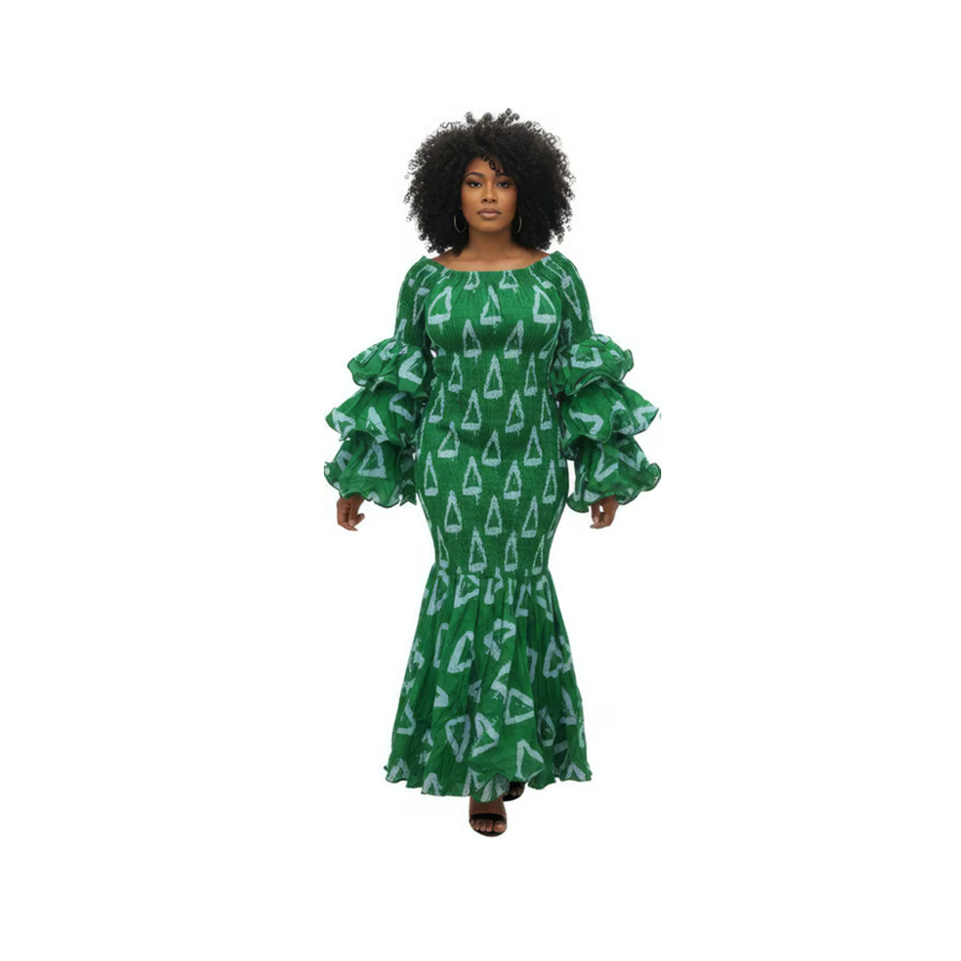 Emerald Green Geometric Print Maxi Dress with Tiered Bell Sleeves