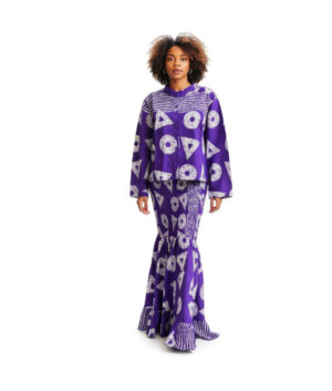 Purple African Print Two-Piece Set – Geometric Long Sleeve Jacket and Mermaid Maxi Skirt