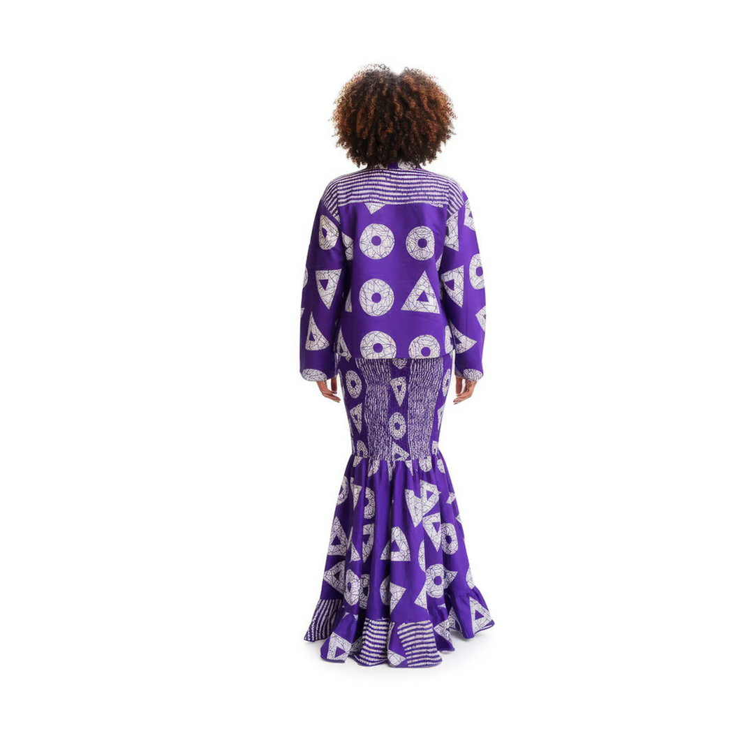 Purple African Print Two-Piece Set – Geometric Long Sleeve Jacket and Mermaid Maxi Skirt - Image 4