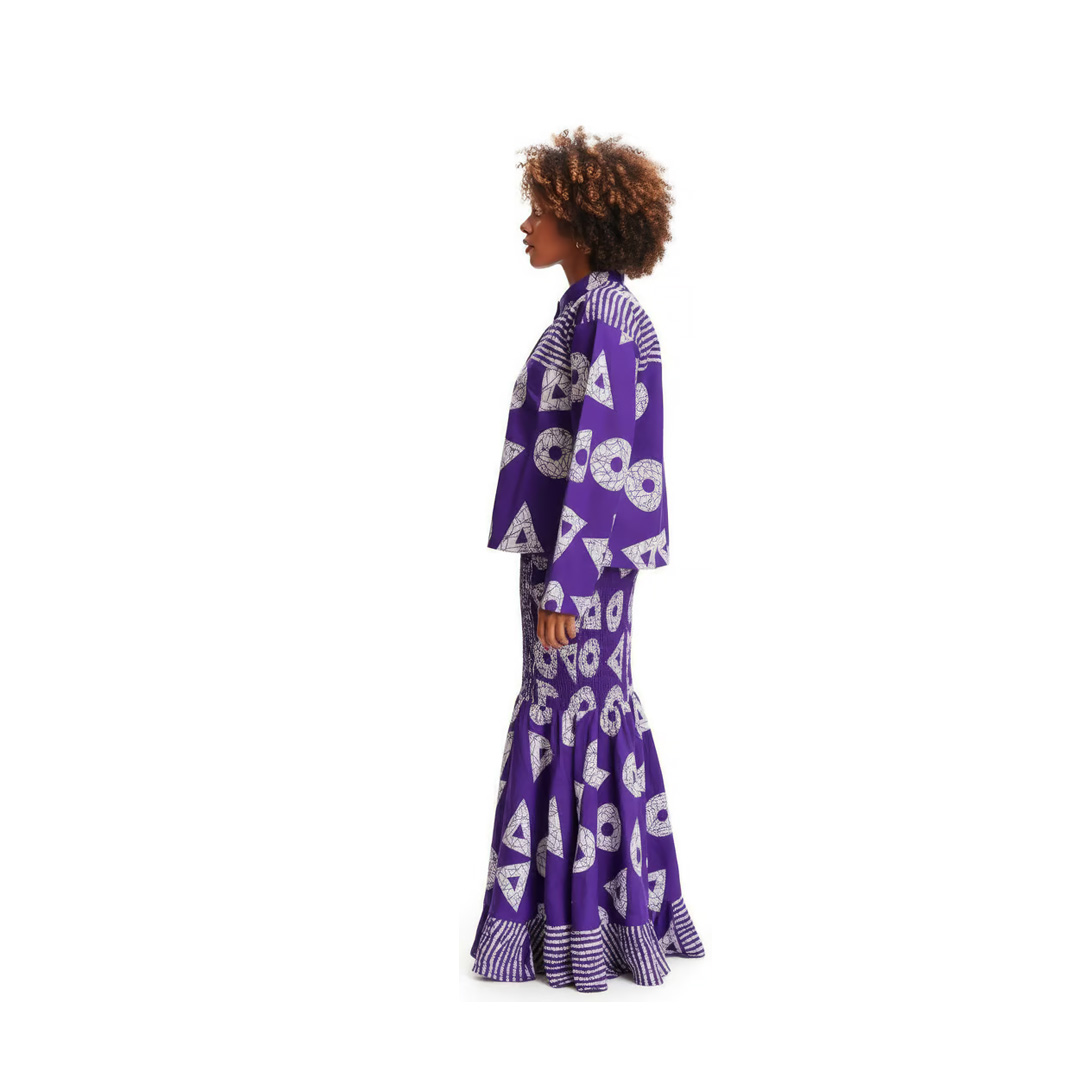 Purple African Print Two-Piece Set – Geometric Long Sleeve Jacket and Mermaid Maxi Skirt - Image 3