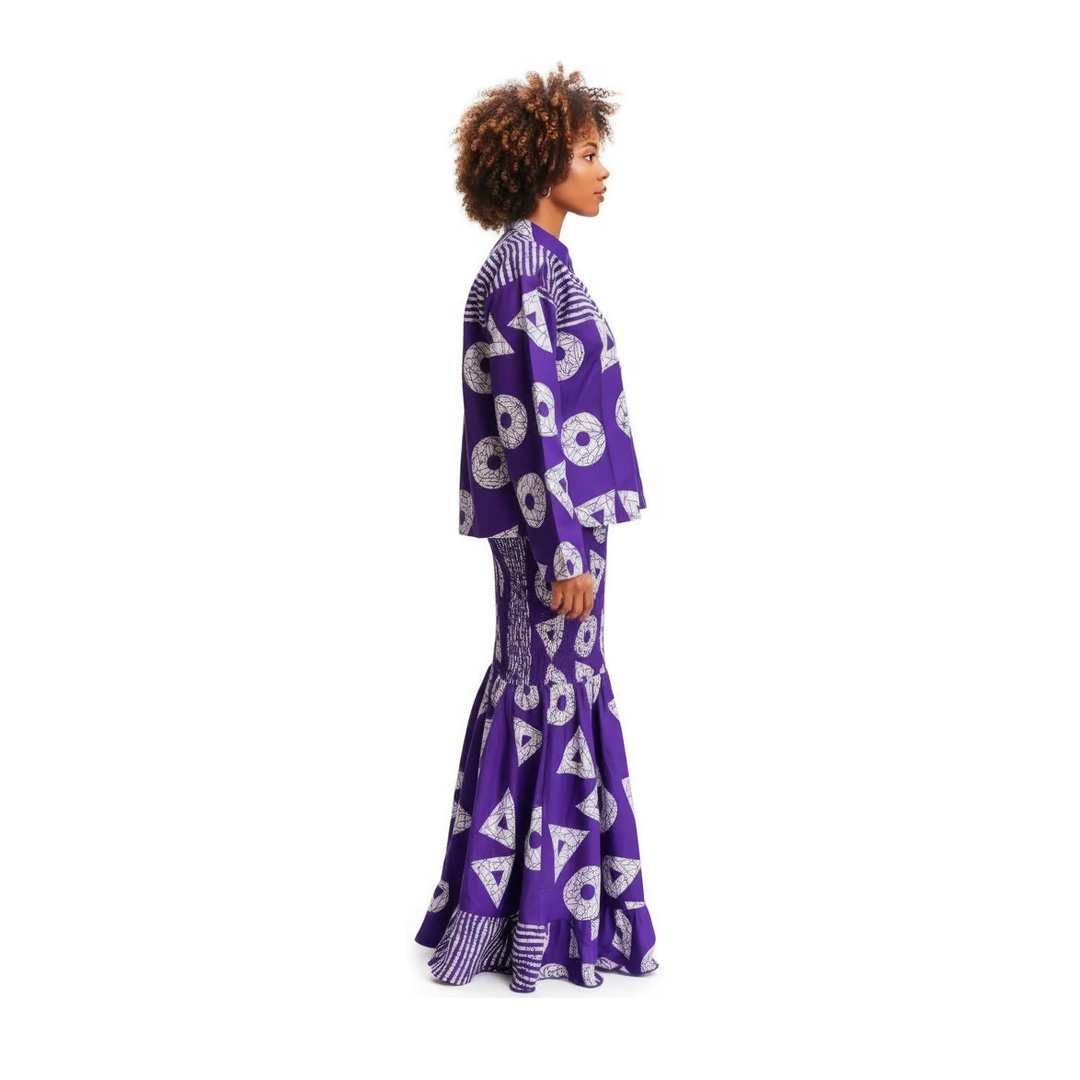 Purple African Print Two-Piece Set – Geometric Long Sleeve Jacket and Mermaid Maxi Skirt - Image 2