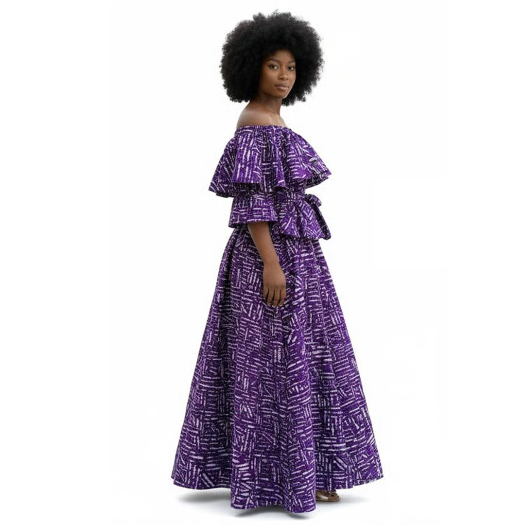 Handmade Purple African Print Two-Piece Set – Off-the-Shoulder Ruffle Top and High-Slit Maxi Skirt - Image 4