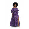 Item 131 Purple African Print Two-Piece Maxi Set – Bardot Ruffle Top and High Slit