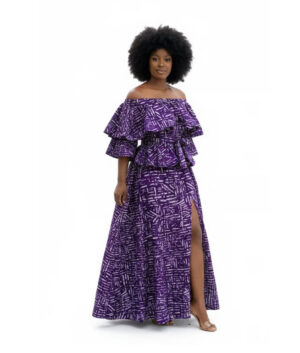 Purple African Print Two-Piece Maxi Set – Bardot Ruffle Top and High Slit