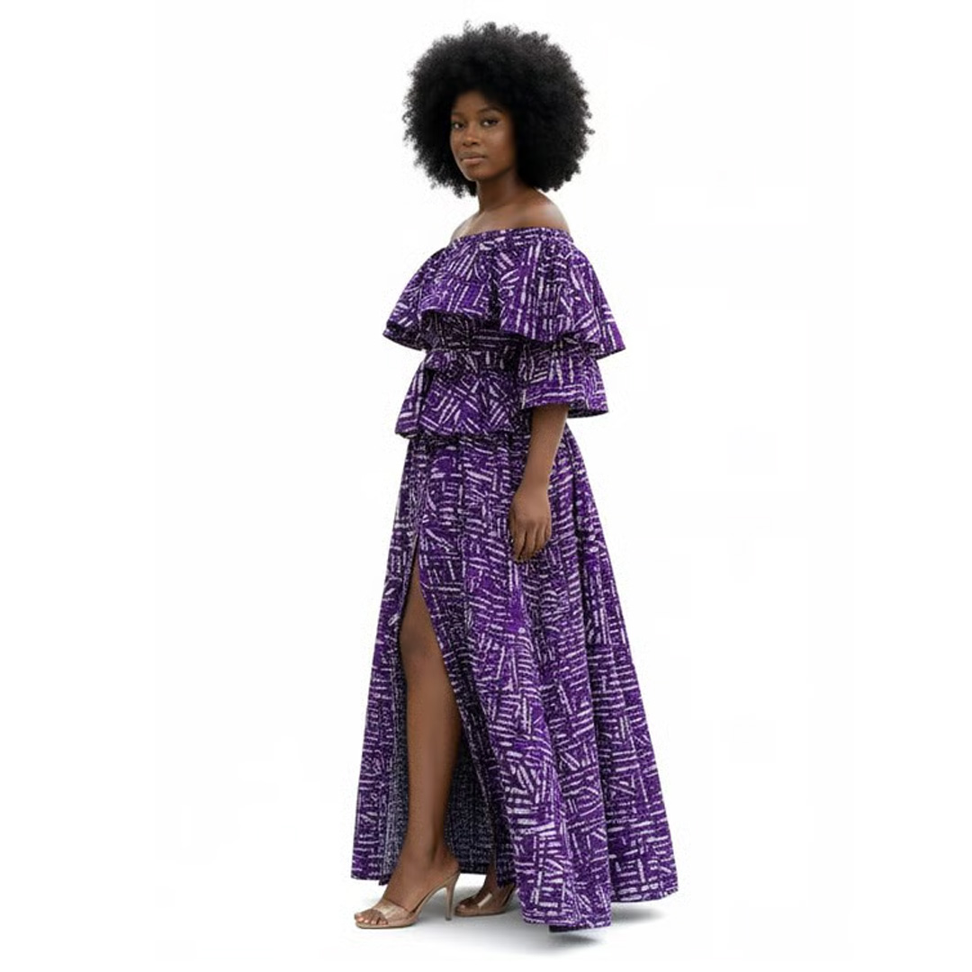 Handmade Purple African Print Two-Piece Set – Off-the-Shoulder Ruffle Top and High-Slit Maxi Skirt - Image 2