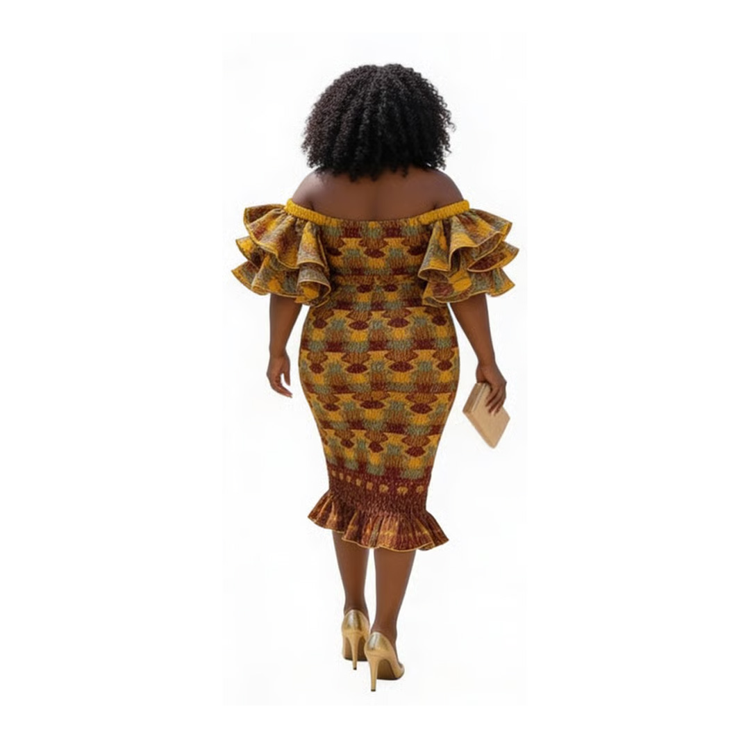 Handmade African Print Off-Shoulder Midi Dress - Brown Kente Style - Image 3