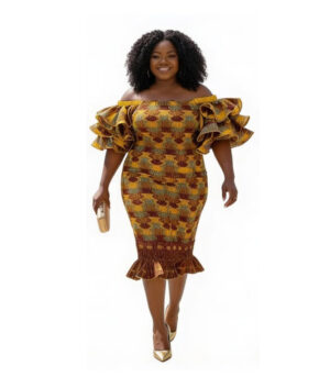 Handmade African Print Midi Dress - Brown Kente Style