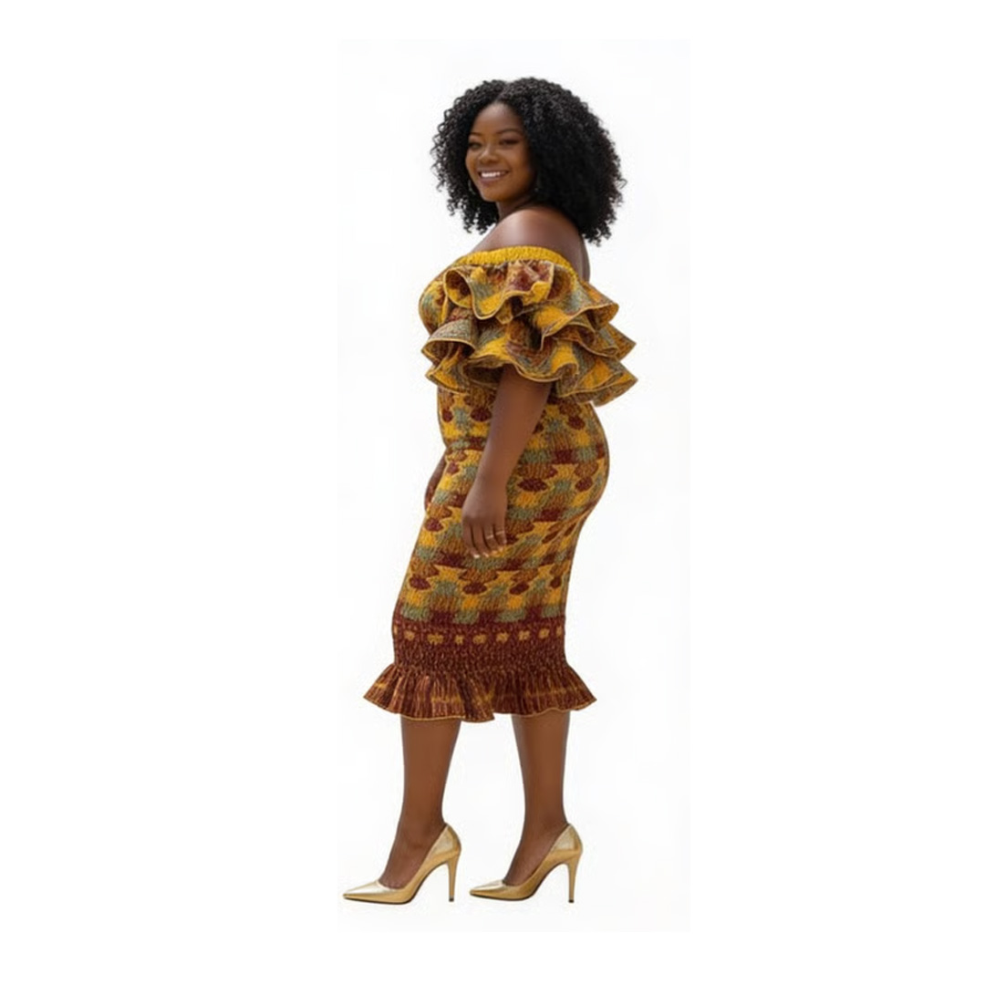 Handmade African Print Off-Shoulder Midi Dress - Brown Kente Style - Image 2