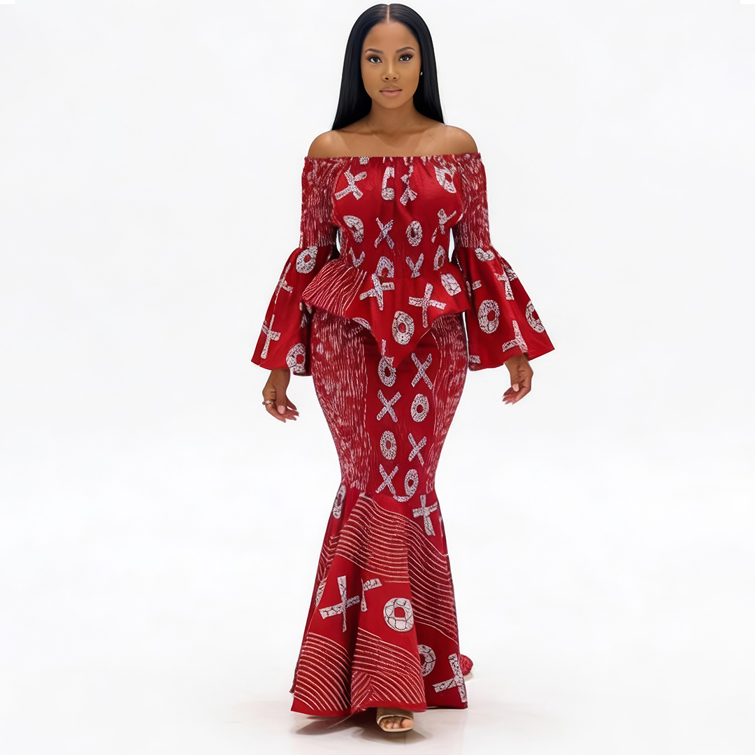 Ankara Print Bardot Peplum Top and Mermaid Maxi Skirt Two-Piece Set
