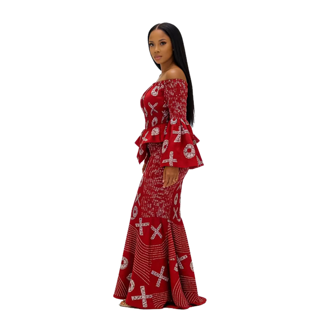 African Print Off-Shoulder Mermaid Dress - Red Ankara Two-Piece Peplum - Image 4