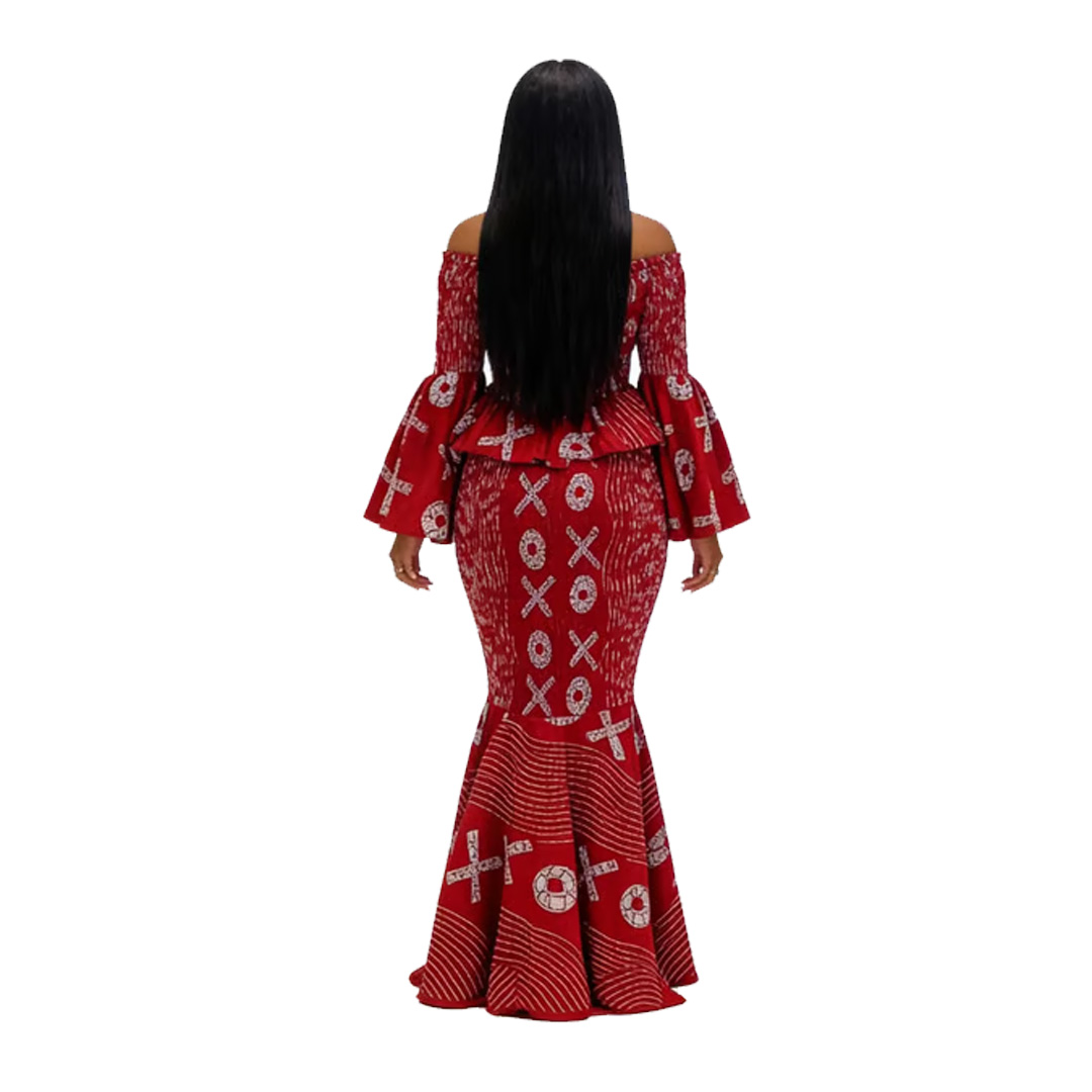 African Print Off-Shoulder Mermaid Dress - Red Ankara Two-Piece Peplum - Image 3