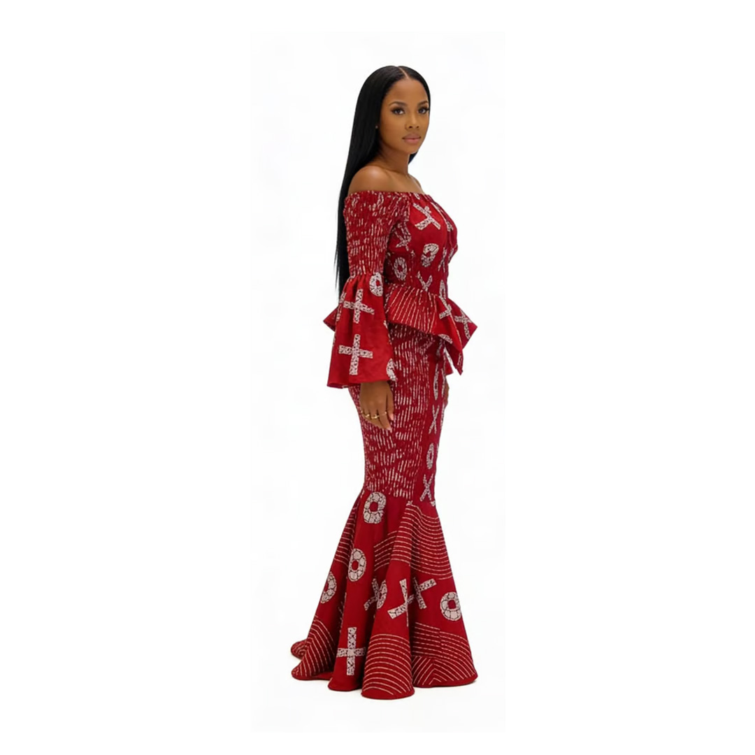 African Print Off-Shoulder Mermaid Dress - Red Ankara Two-Piece Peplum - Image 2