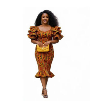 Women’s Kente Print Midi Dress - African Wax Print Mermaid Dress