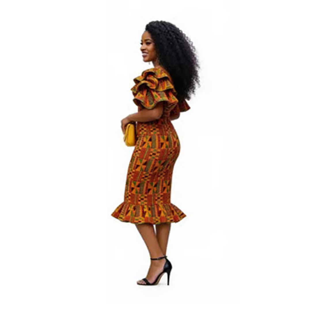 Women’s Kente Print Midi Dress - African Wax Print Mermaid Dress