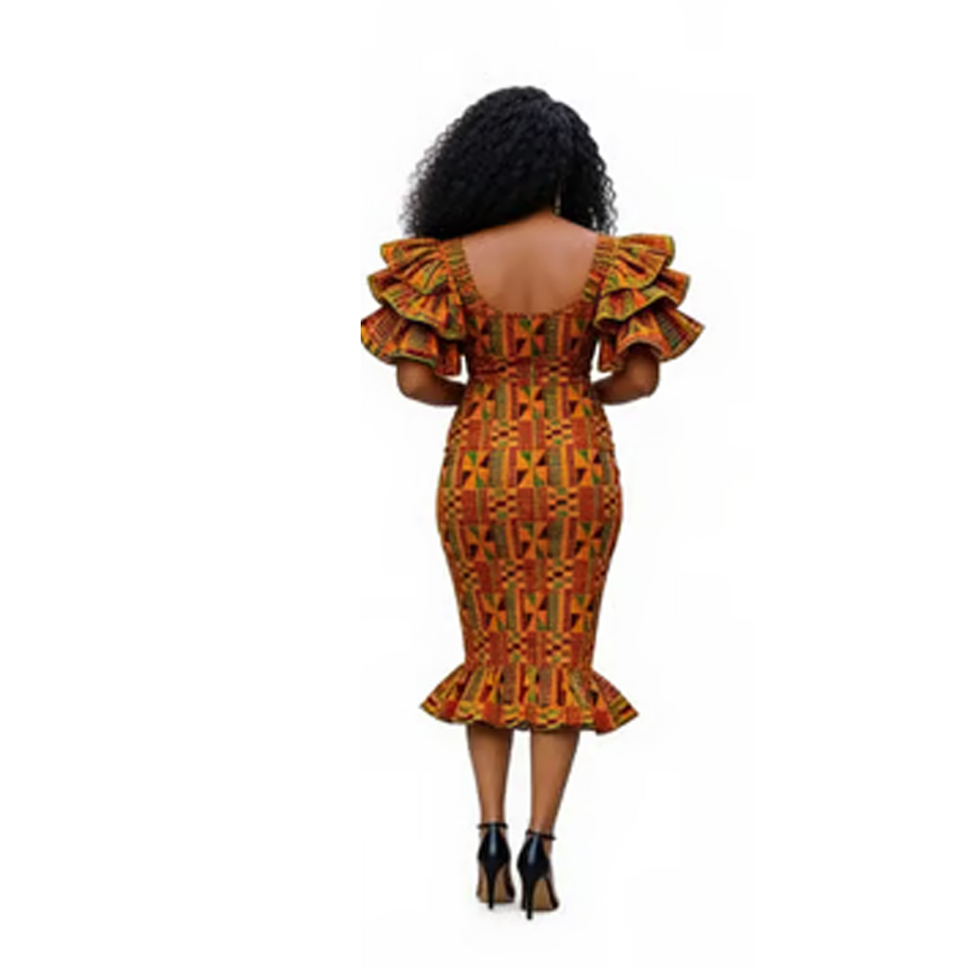 Women’s Kente Print Midi Dress - African Wax Print Mermaid Dress