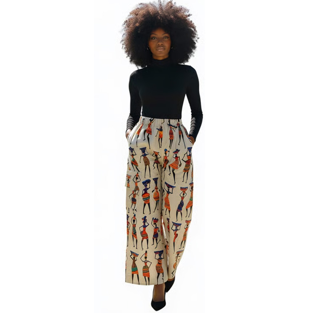 Hand-Painted African Print Wide-Leg Trousers