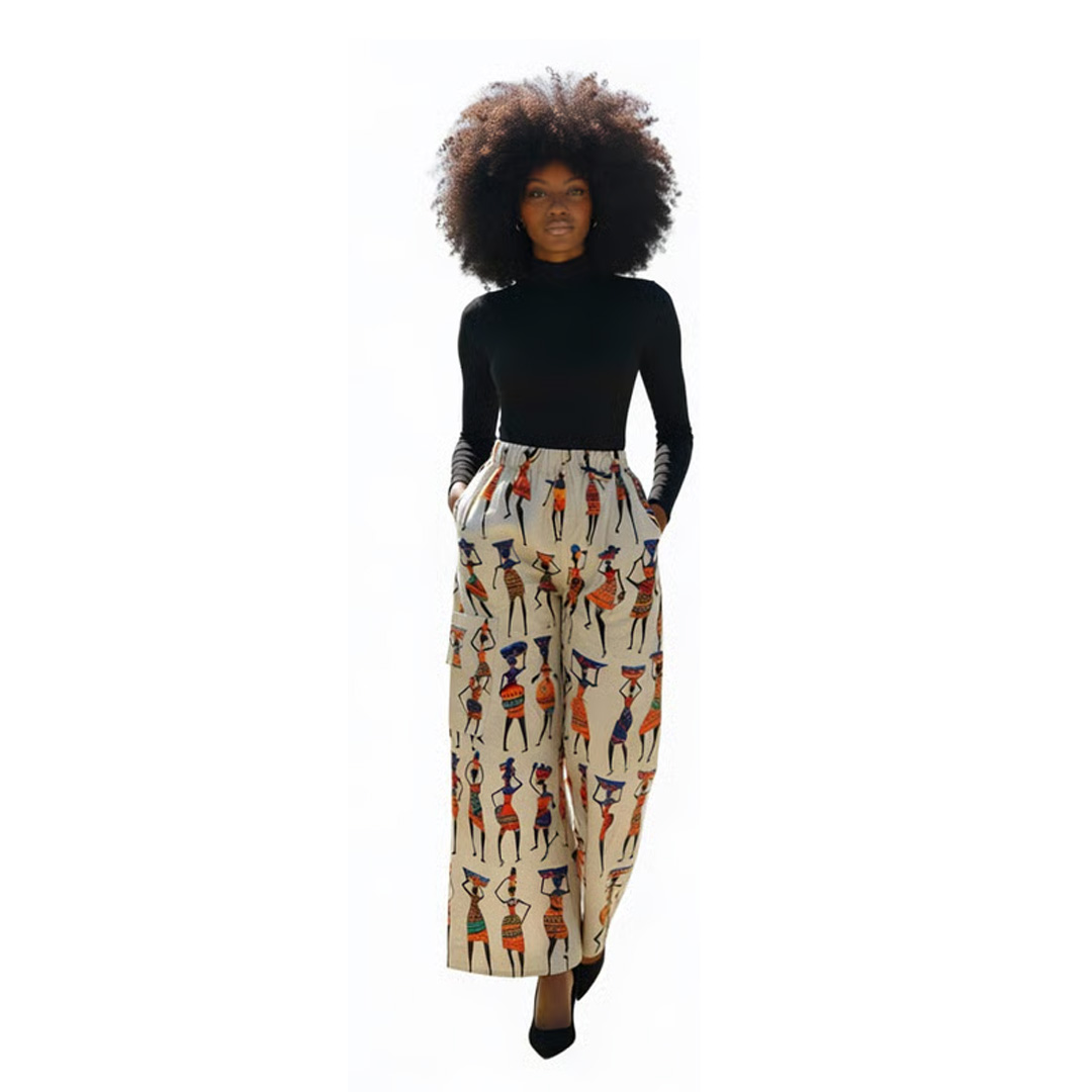 Hand-Painted African Print Wide-Leg Trousers