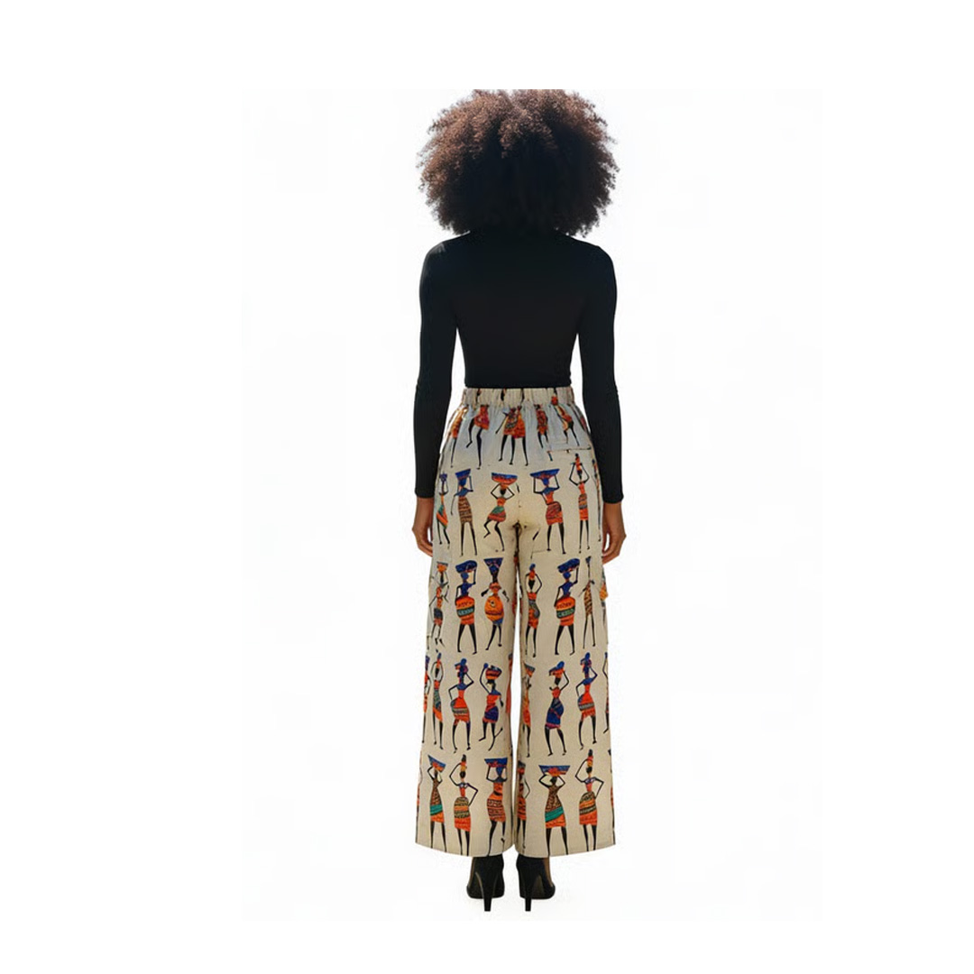 Hand-Painted African Print Wide-Leg Trousers