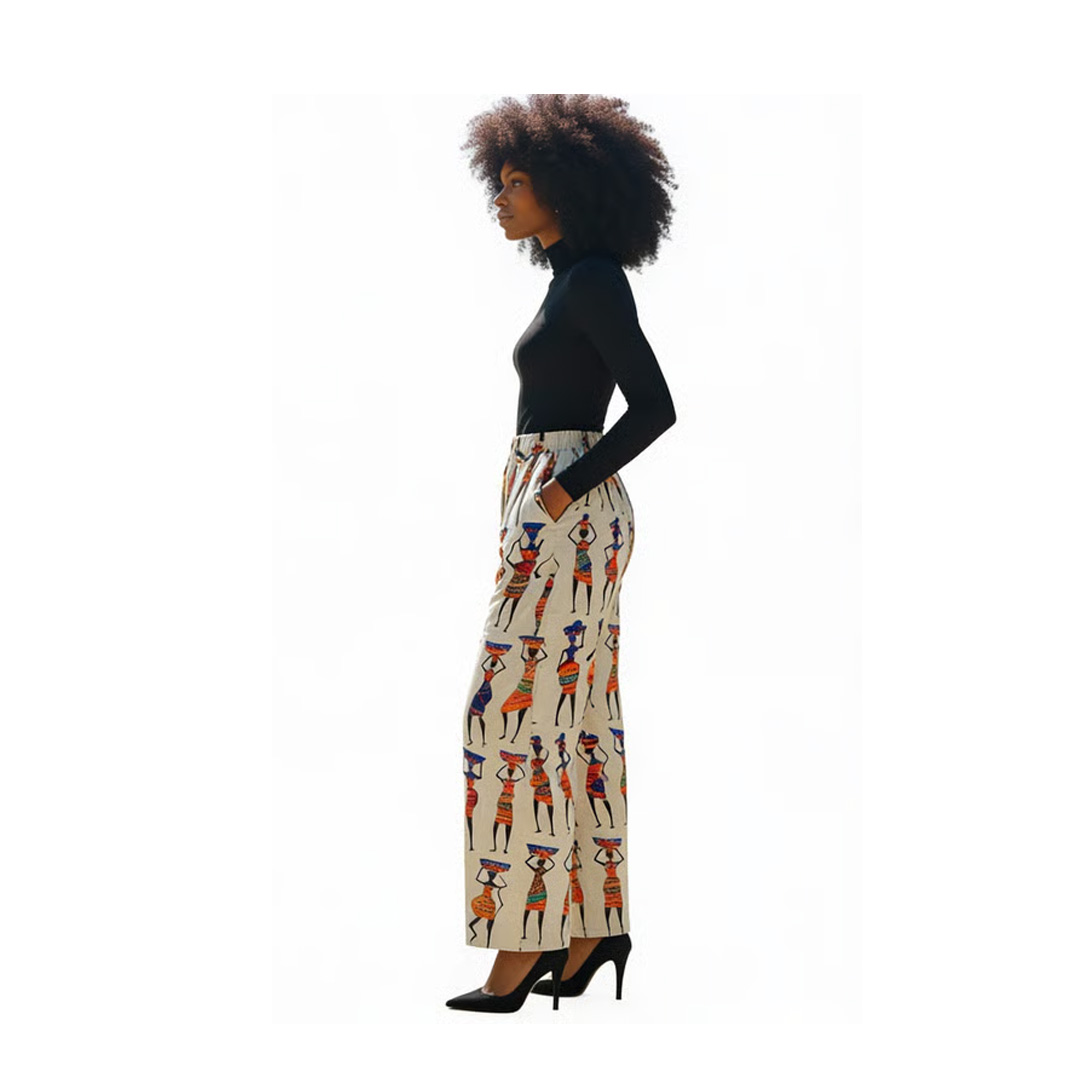 Hand-Painted African Print Wide-Leg Trousers