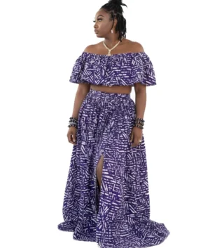 African Print Two-Piece Maxi Set - Purple & White Batik Crop Top and Slit Skirt