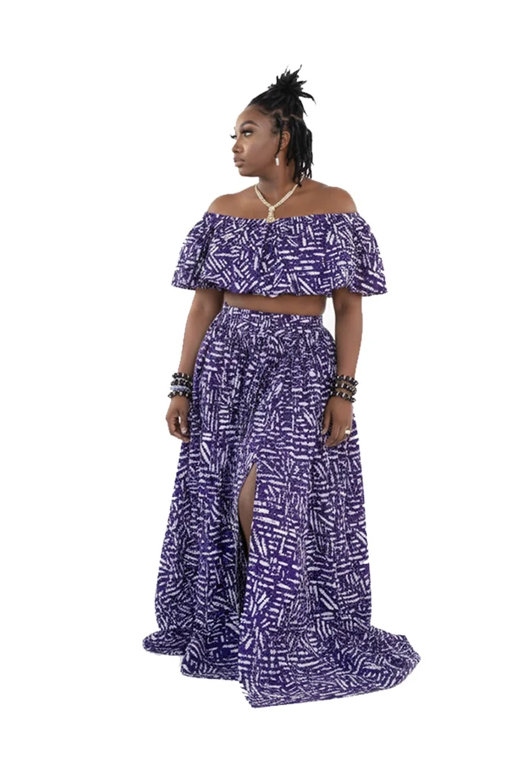 African Print Two-Piece Maxi Set - Purple & White Batik Crop Top and Slit Skirt