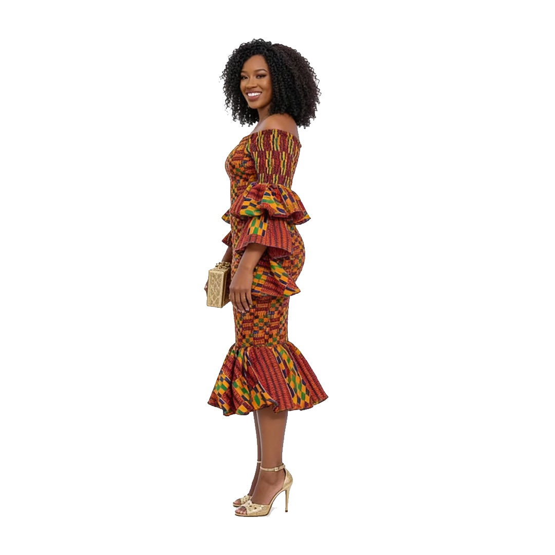 African Kente Print Off-the-Shoulder Mermaid Dress 3 African Kente Print Off-the-Shoulder Mermaid Dress - Image 3