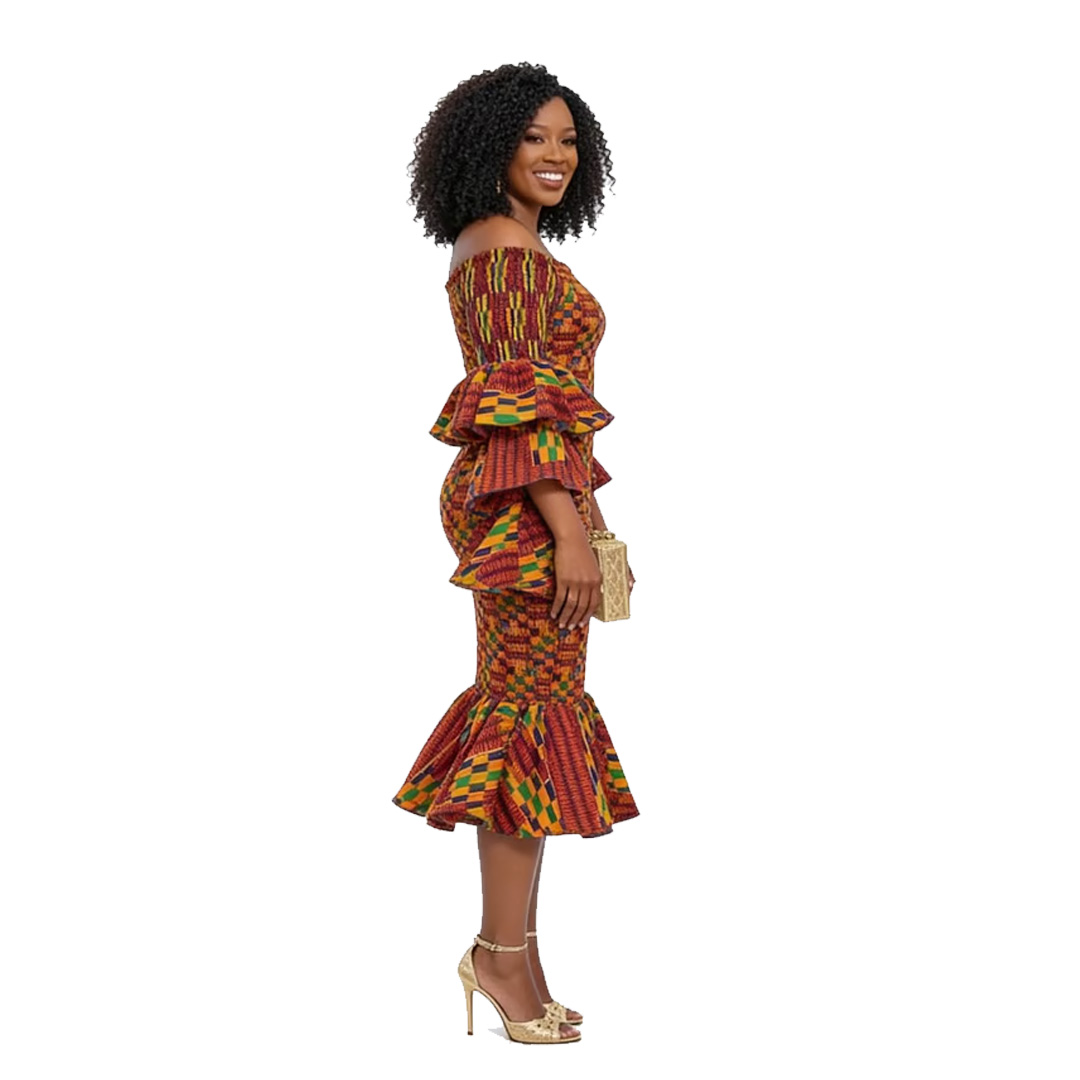 African Kente Print Off-the-Shoulder Mermaid Dress 2 African Kente Print Off-the-Shoulder Mermaid Dress - Image 2