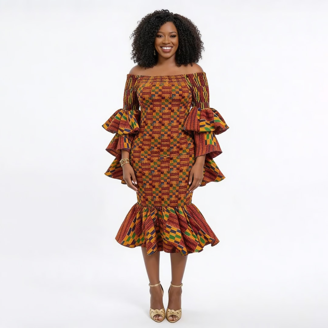 African Kente Print Off-the-Shoulder Mermaid Dress